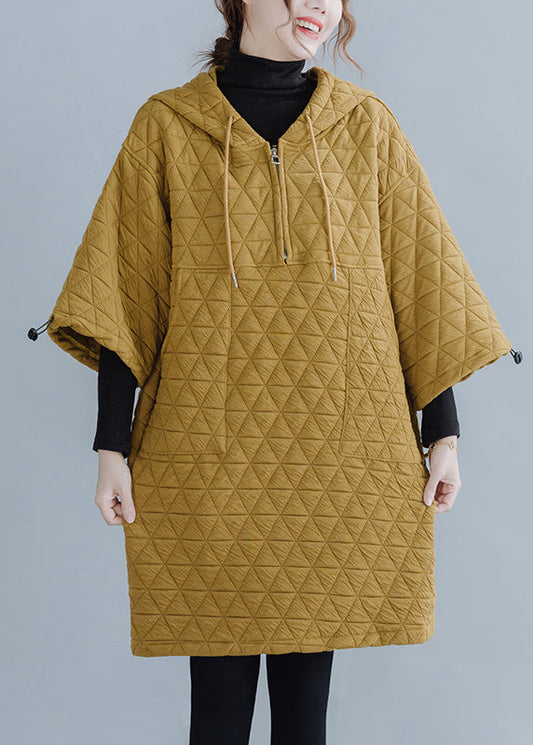 Yellow Hooded Drawstring Thick Mid Dress Long Sleeve