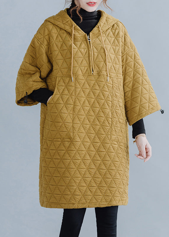 Yellow Hooded Drawstring Thick Mid Dress Long Sleeve