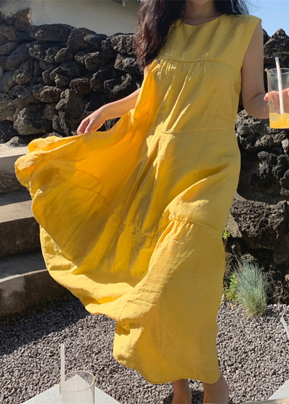 Yellow O-neck Patchwork Cotton Maxi Dresses Sleeveless
