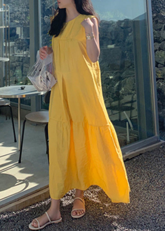 Yellow O-neck Patchwork Cotton Maxi Dresses Sleeveless