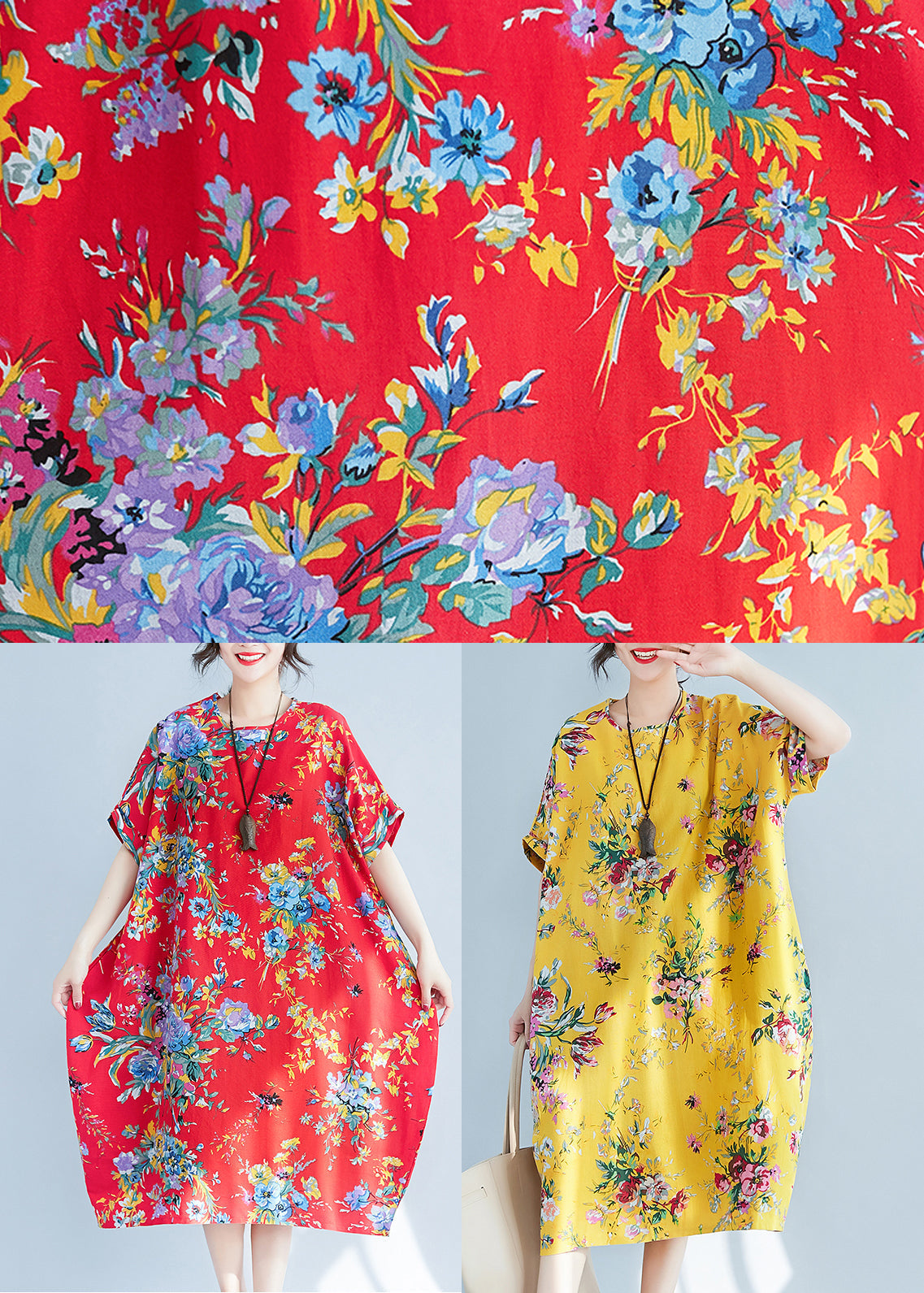 Yellow O-neck Print Cotton Holiday Dress Summer