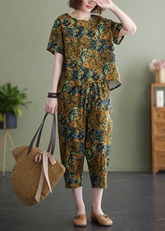 Yellow O-neck Print Cotton Two Piece Set Clothing Summer