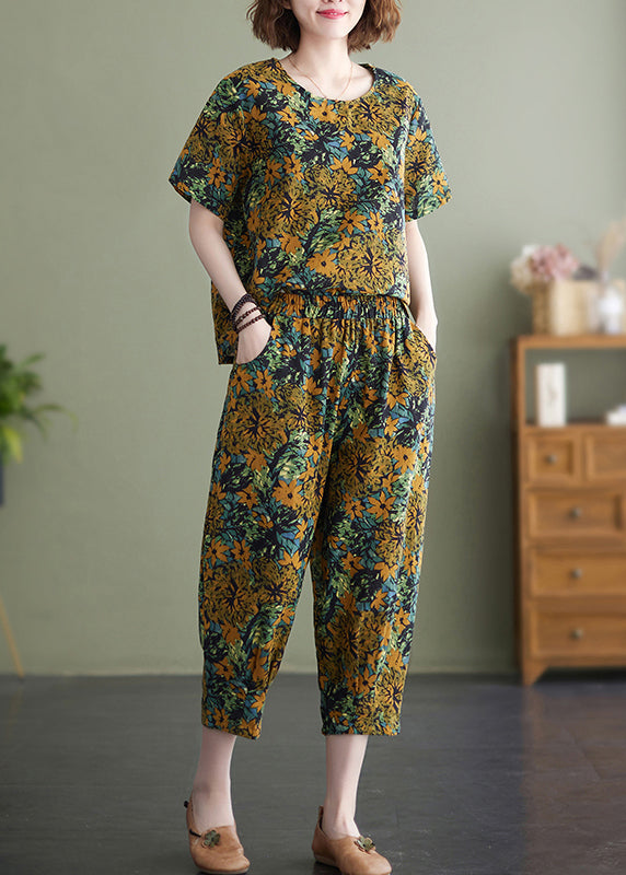 Yellow O-neck Print Cotton Two Piece Set Clothing Summer