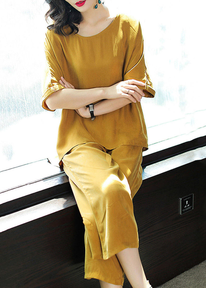 Yellow O-neck Tops and Pants Silk Two Pieces Set Summer