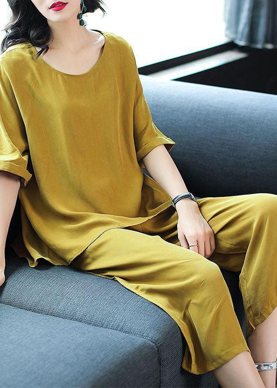 Yellow O-neck Tops and Pants Silk Two Pieces Set Summer