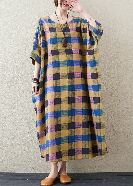 Yellow Plaid O Neck Print Cotton Long Dress Half Sleeve