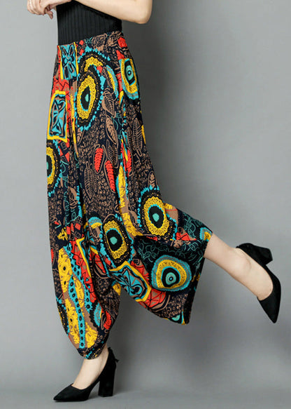 Yellow Pockets Print Elastic Waist Crop Pants Summer