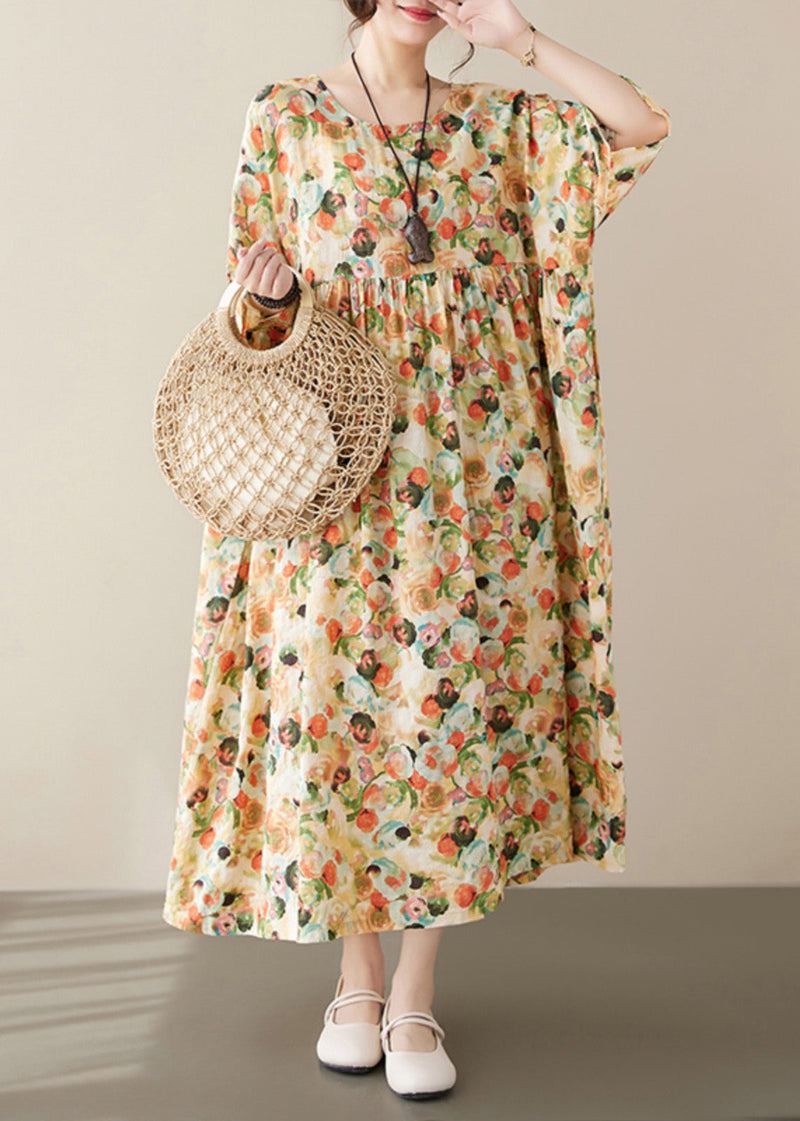 Yellow Print Patchwork Holiday Maxi Dress Short Sleeve
