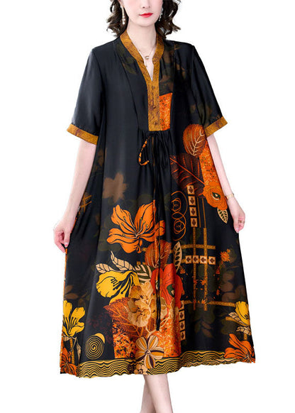Yellow Print Pockets Wrinkled Patchwork Silk Dress Summer