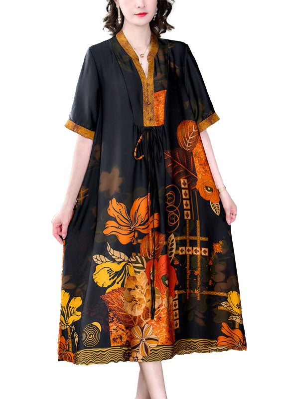 Yellow Print Pockets Wrinkled Patchwork Silk Dress Summer