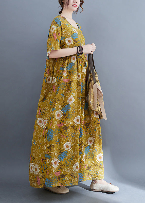 Yellow Print Wrinkled Holiday Long Dresses Summer