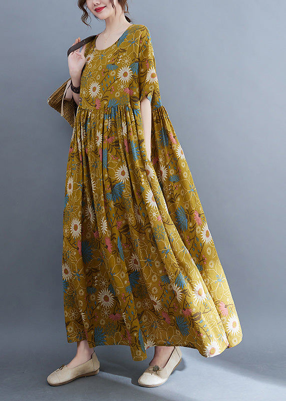 Yellow Print Wrinkled Holiday Long Dresses Summer