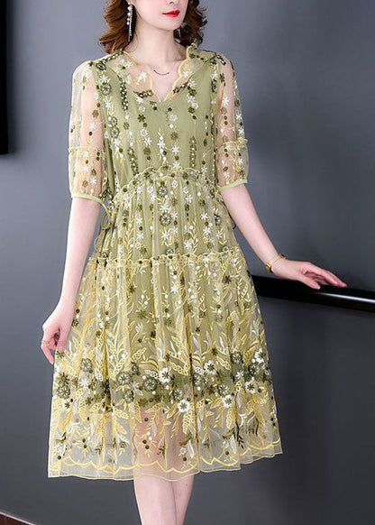 Yellow Ruffled Embroideried Tulle Party Dress Summer