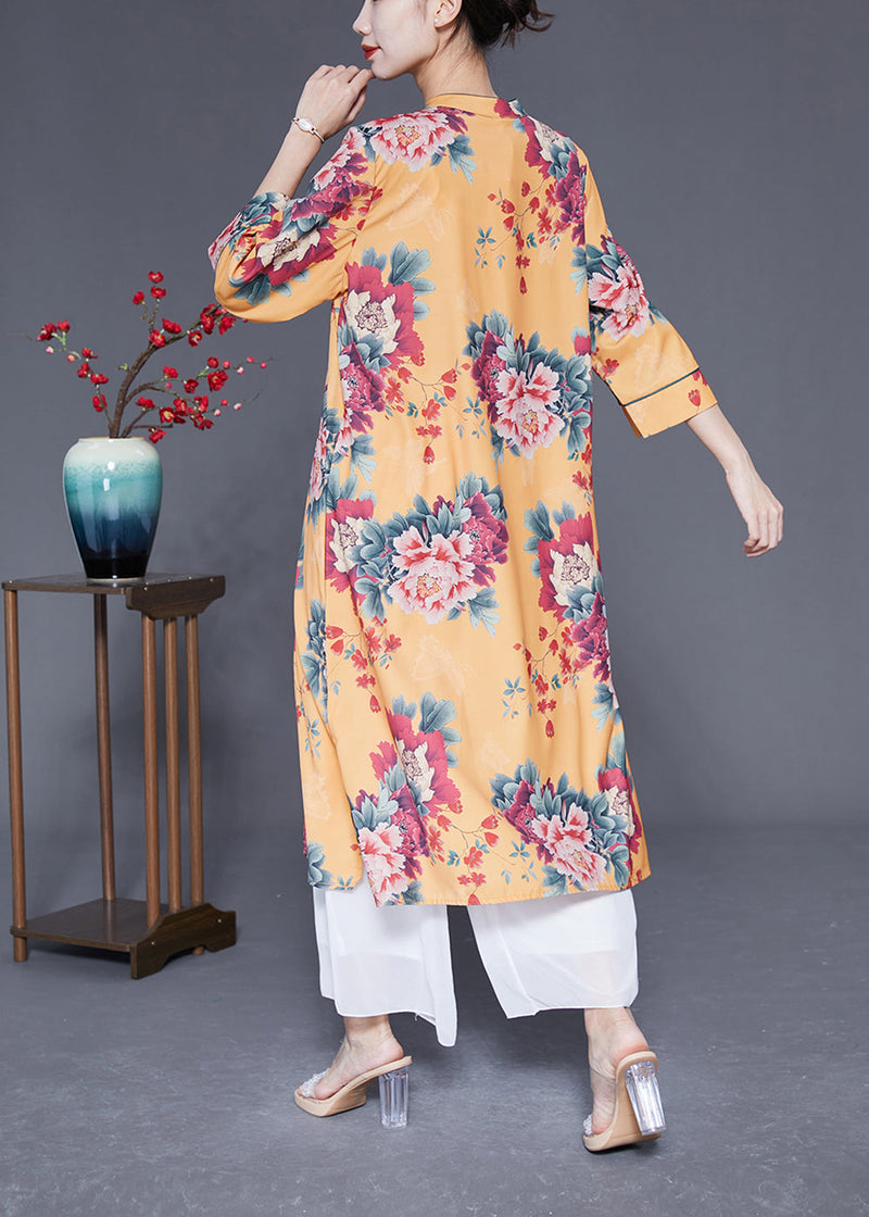 Yellow Stand Collar Print Silk Dresses Bracelet Sleeve