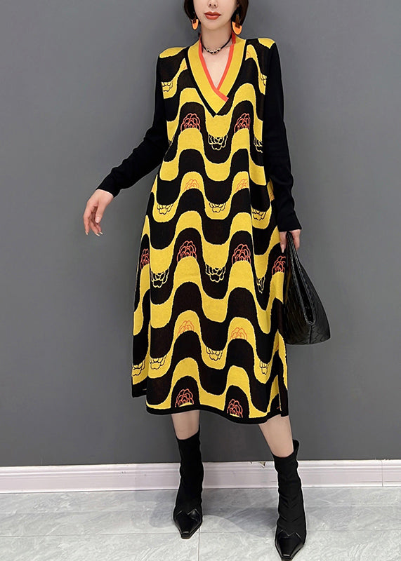 Yellow V Neck Striped Patchwork Knit Dress Fall