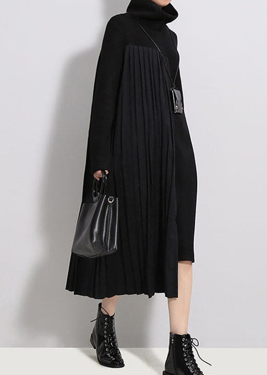 Black Wrinkled Turtle Neck Knit Dresses Spring