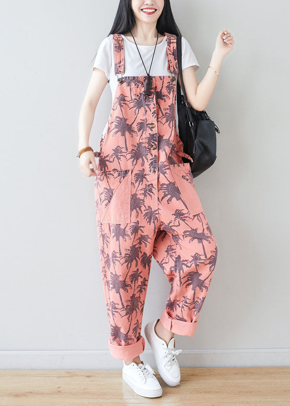 Pink Pockets Print Jumpsuits Spring