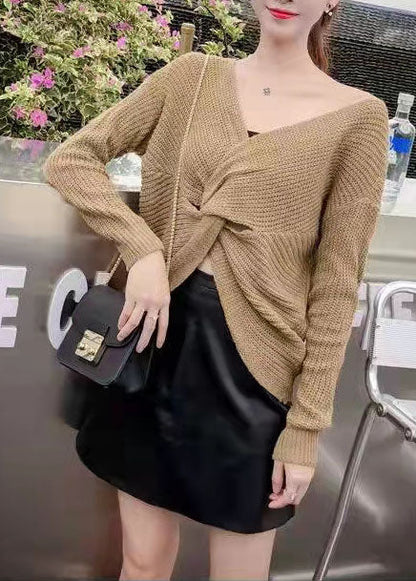 Chocolate V Neck Knit Fall Tops