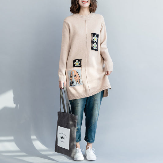 Pullover Sweater Outfit O Neck Beige Hipster Knit Tops
