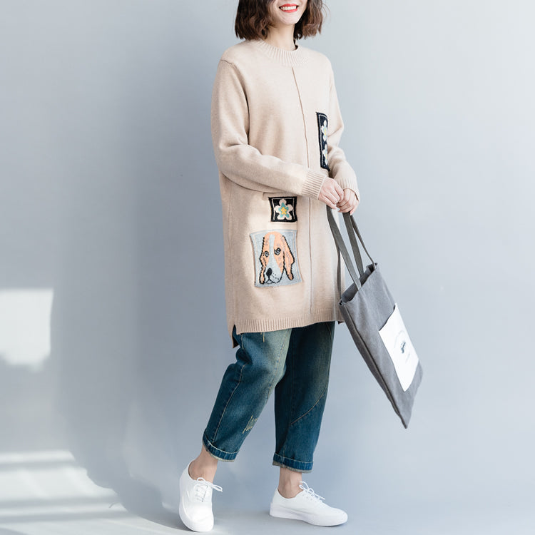 Pullover Sweater Outfit O Neck Beige Hipster Knit Tops