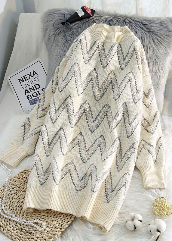 Pullover Beige Sweater Knit Top Pattern Design O Neck Thick Daily Knit Dresses