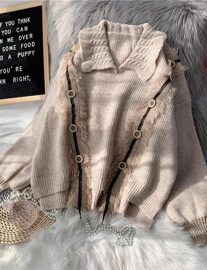 Pullover Beige Crane Tops Lapel Asymmetric Knitted Blouse