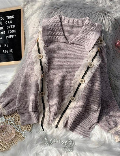 Pullover Beige Crane Tops Lapel Asymmetric Knitted Blouse