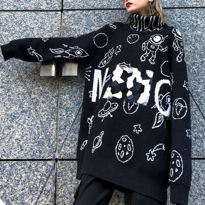 Pullover Black Letter Knit Blouse High Neck Loose Fitting Sweaters