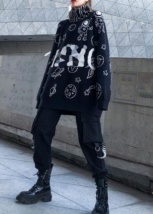 Pullover Black Letter Knit Blouse High Neck Loose Fitting Sweaters