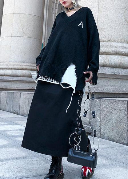 Pullover Black Knitted Loose Fitting V Neck Hole Knit Tops