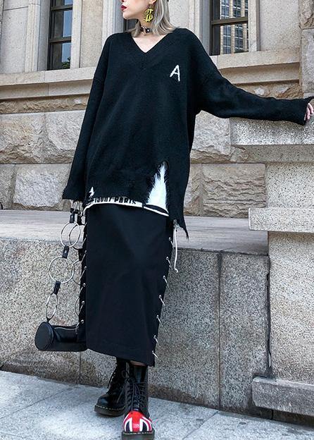 Pullover Black Knitted Loose Fitting V Neck Hole Knit Tops