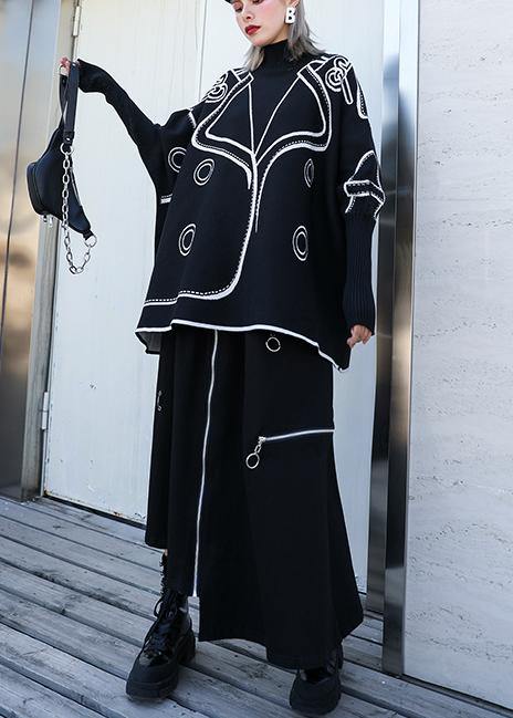 Pullover Black Print Knit Wear Clothing O Neck Batwing Sleeve Blouse
