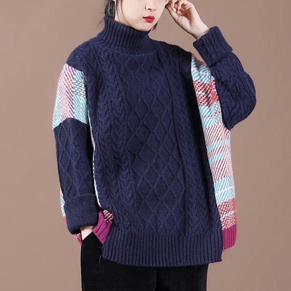 Pullover Blue Plaid Knit Tops Spring High Neck Knit Blouse