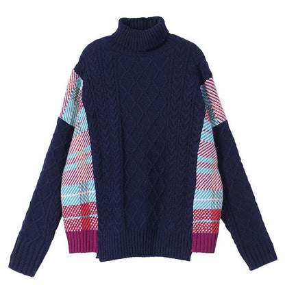 Pullover Blue Plaid Knit Tops Spring High Neck Knit Blouse