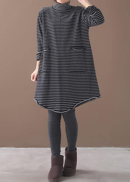 Pullover Blue Striped Knitwear Oversize High Neck Asymmetric Knit Tops