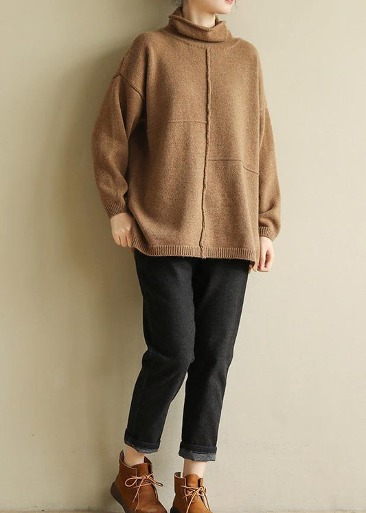 Pullover Brown Clothes for Patchwork Turtleneck Knit Tops