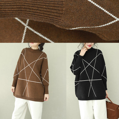 Pullover Brown Knitted Tops O Neck Knitwear