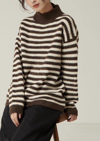 Pullover Fall Brown Striped Knit Tops Loose Fitting High Neck Knitted Pullover