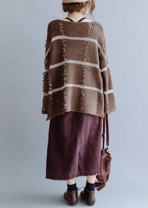 Pullover Fall Chocolate Striped Knit Sweat Tops O Neck Sweater Blouse