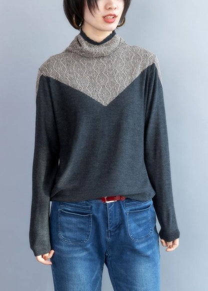 Pullover Gray Knit Tops High Neck Sweater Blouse