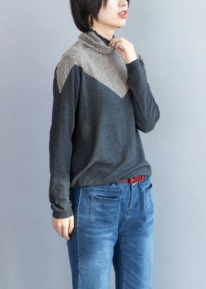 Pullover Gray Knit Tops High Neck Sweater Blouse