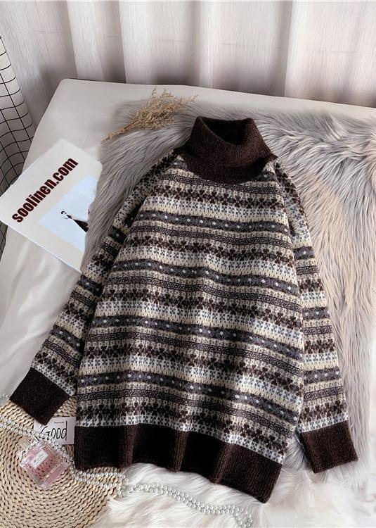 Pullover High Neck Gray Knit Sweat Tops Striped Sweater Tops