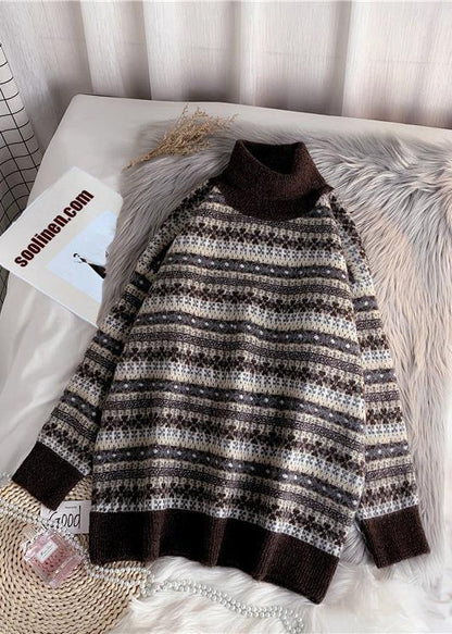 Pullover High Neck Gray Knit Sweat Tops Striped Sweater Tops
