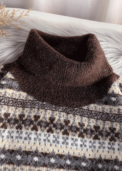Pullover High Neck Gray Knit Sweat Tops Striped Sweater Tops