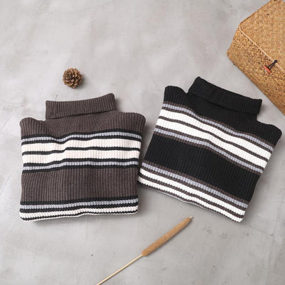 Pullover Khaki Striped Knitted Clothes Winter Knitted Blouse High Neck