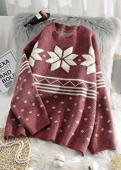 Pullover O Neck Burgundy Knitted Blouse Knit Blouse