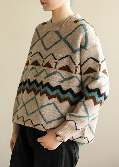 Pullover O Neck Khaki Geometry Knitwear Wild Knit Top Silhouette