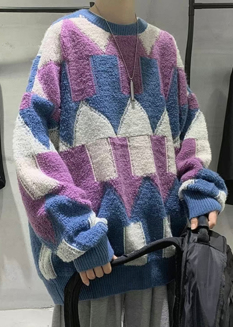 Purple Cozy Patchwork Cotton Knit Winter Sweaters O Neck