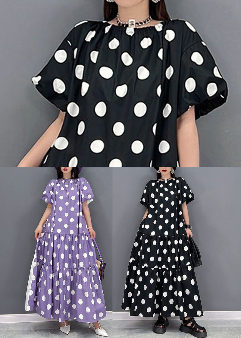 Purple Dot Print Cotton Long Dress Wear on Both Sides Exra Large Hem Short Sleeve