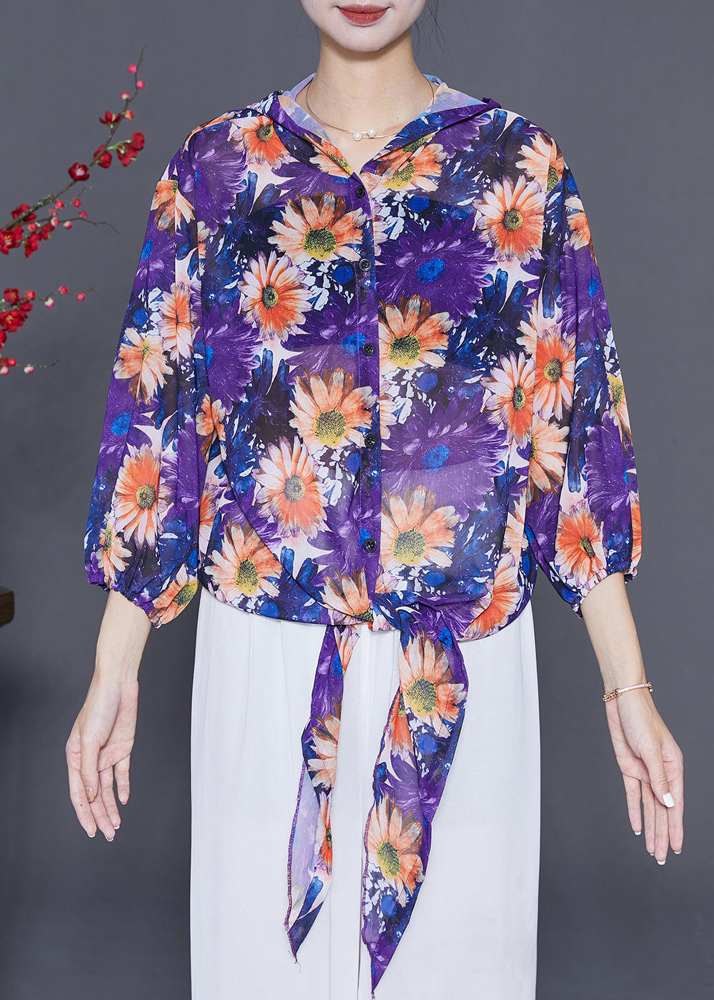 Purple Chiffon Upf 50+ Shirt Top Hooded Summer